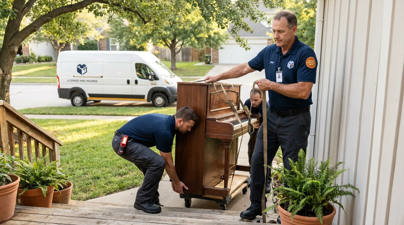 Licensed piano movers securing grand piano in Somerville, NJ