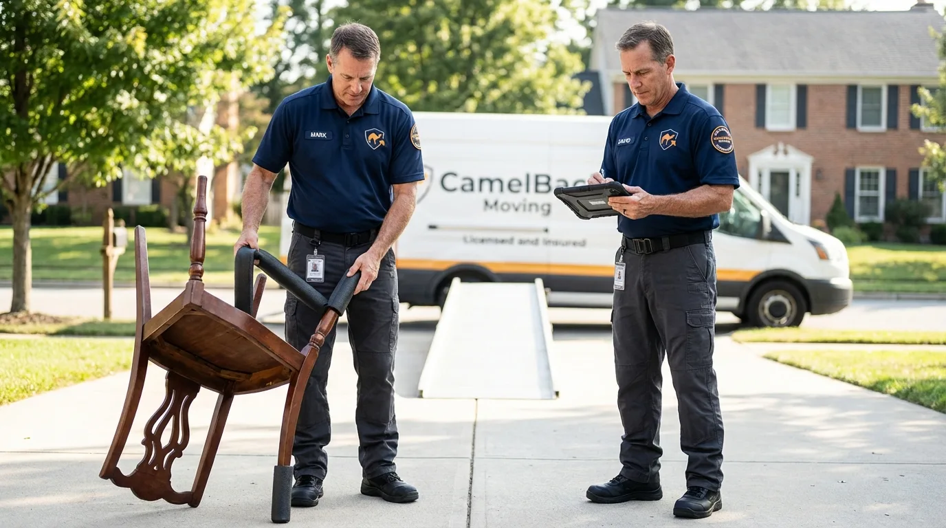 Movers inspecting furniture for damage prevention before loading in Somerville, NJ